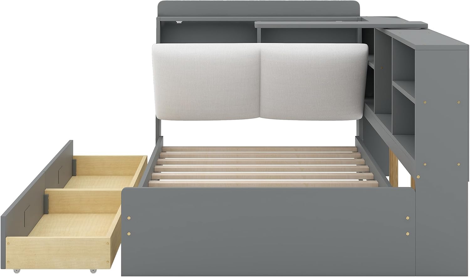 Twin Size Platform Bed with Storage Headboard and Shelves, Wooden Daybed Frame with Side Bookcase and 2 Drawers,Wood Slat Support, Rotatable Storage Board (Gray-83J)