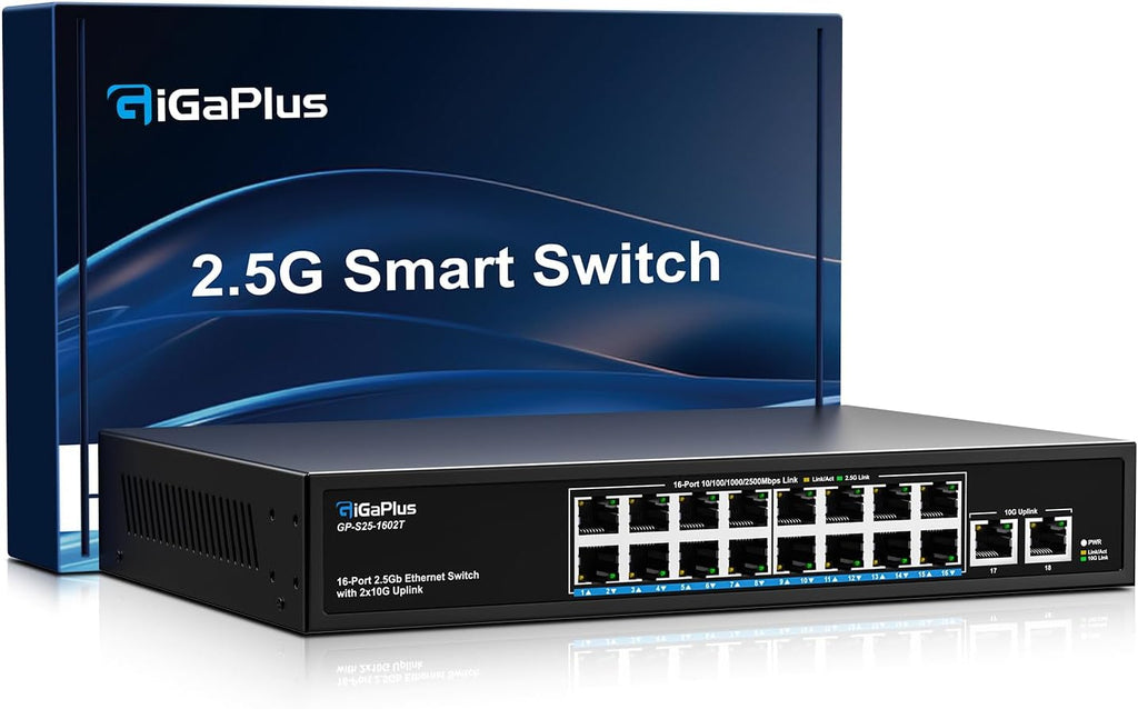 18 Ports 10Gb Unmanaged Ethernet Switch with 16*2.5G Base-T Ports, 2*10G RJ45 Ports. 120Gbps Switching Capacity, GiGaPlus 10Gbps Network Switch for 2.5G/10Gbps NAS/PC, WiFi6 Router, Wireless AP