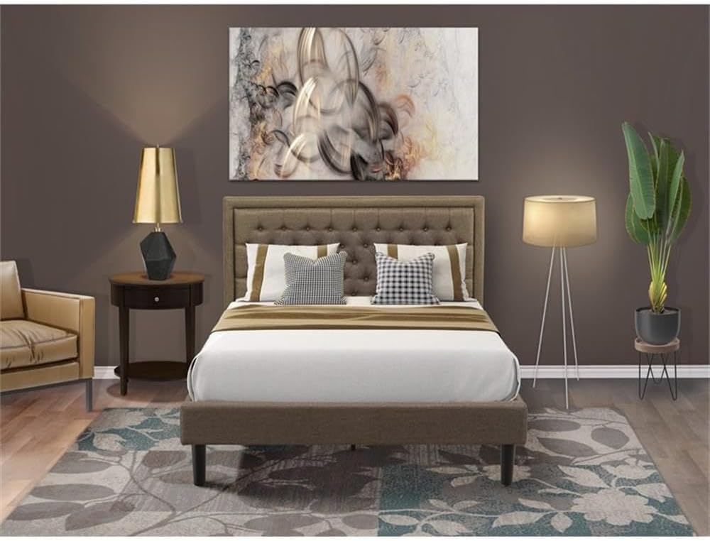 East West Furniture KD18Q-1HI0M 2 Piece Queen Size Bed Set - 1 Queen Bed Frame Brown Linen Fabric Padded and Button Tufted Headboard with 1 Night Stands - Antique Mahogany Finish Nightstand
