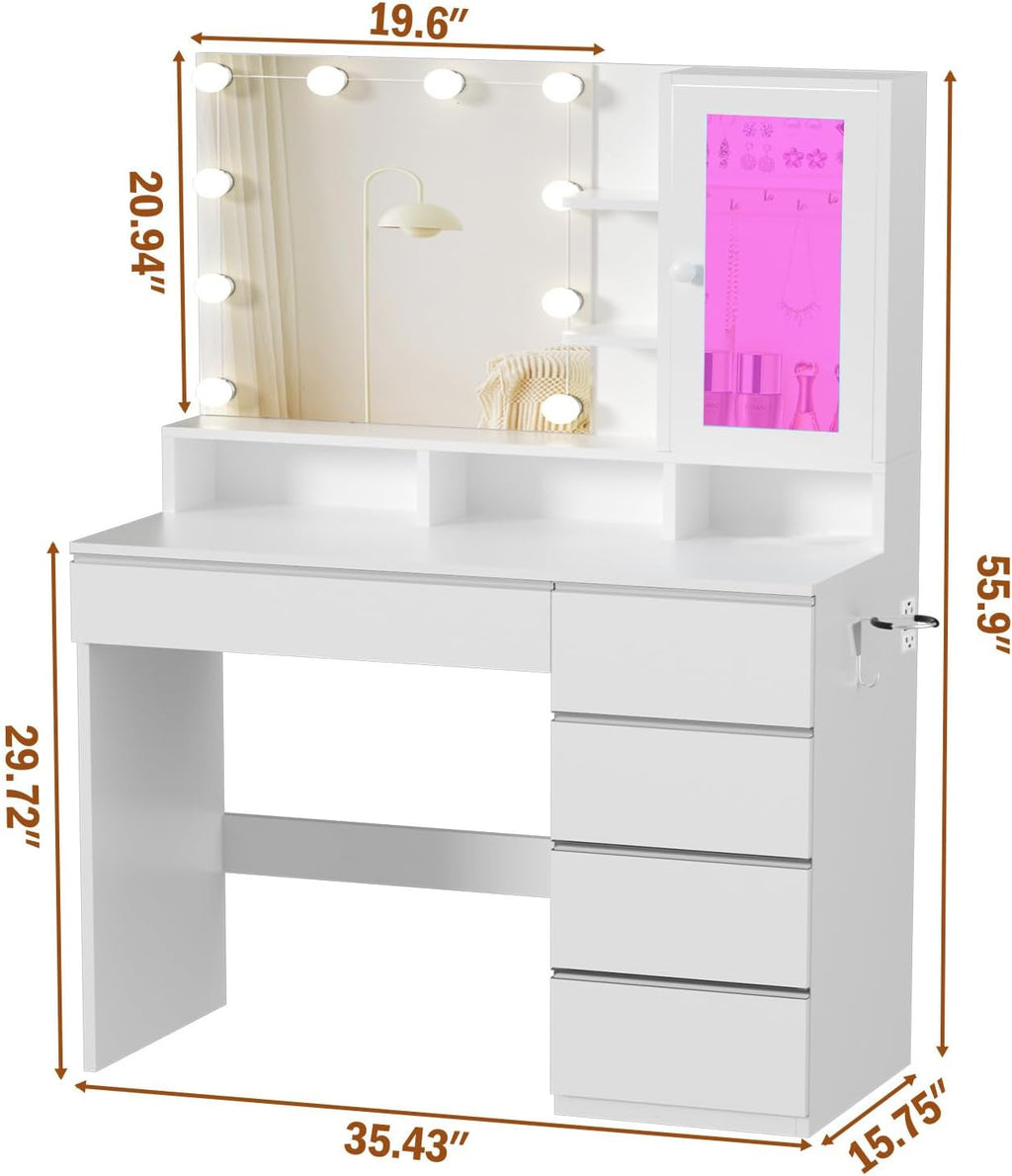 ERLEJIA Vanity Desk with LED Lights Mirror, Makeup Table with Power Outlet for Ladies and Girls, 35.43' RGB Light Makeup Desk with 6 Storage Drawers for Bedroom, White 2