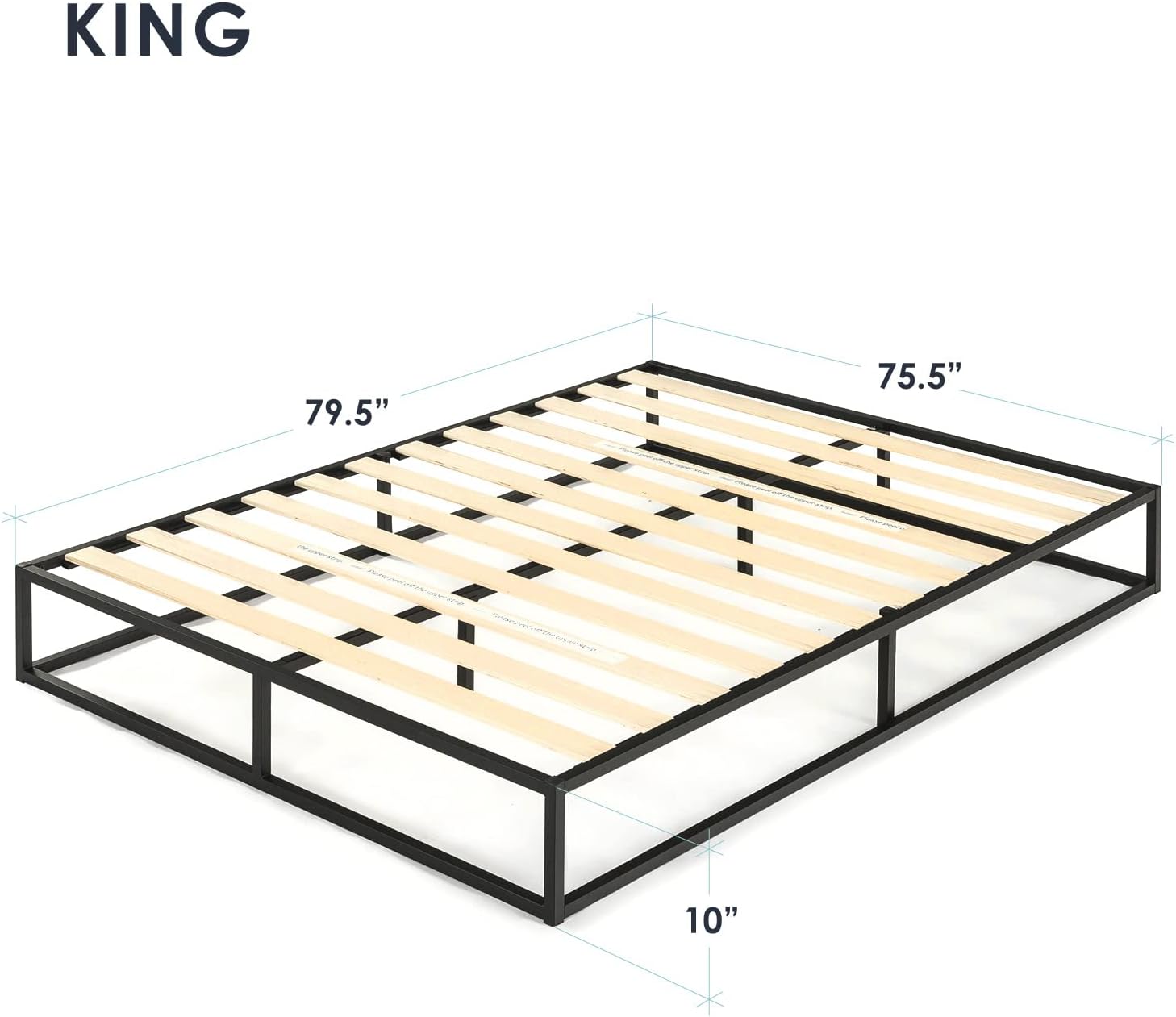 Mellow Modernista Low Profile 10 Inch Metal Platform Bed Frame with Classic Wooden Slat Support Mattress Foundation (No Box Spring Needed), King, Black