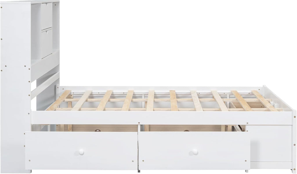 Queen Size Wood Platform Bed with 8 Storage Drawers and Bookcase Headboard for Bedroom (White, Queen)