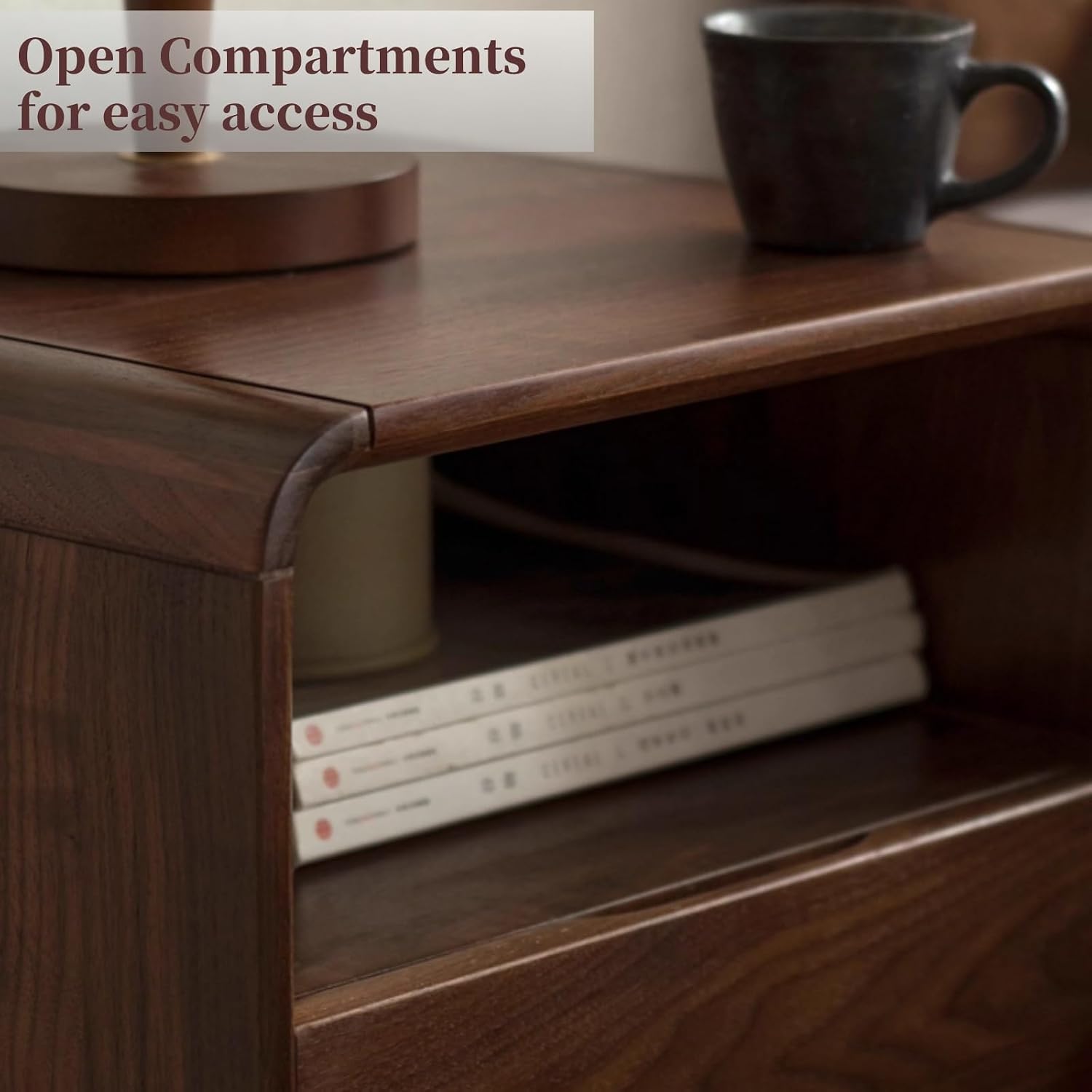 100% Solid Wood Nightstand, Walnut Night Stand with Drawer and Open Shelf, Mid Century Nightstand, Wooden Nightstands, Small Nightstands for Small Spaces Bedroom(Dark Black Walnut, 20.47' H)