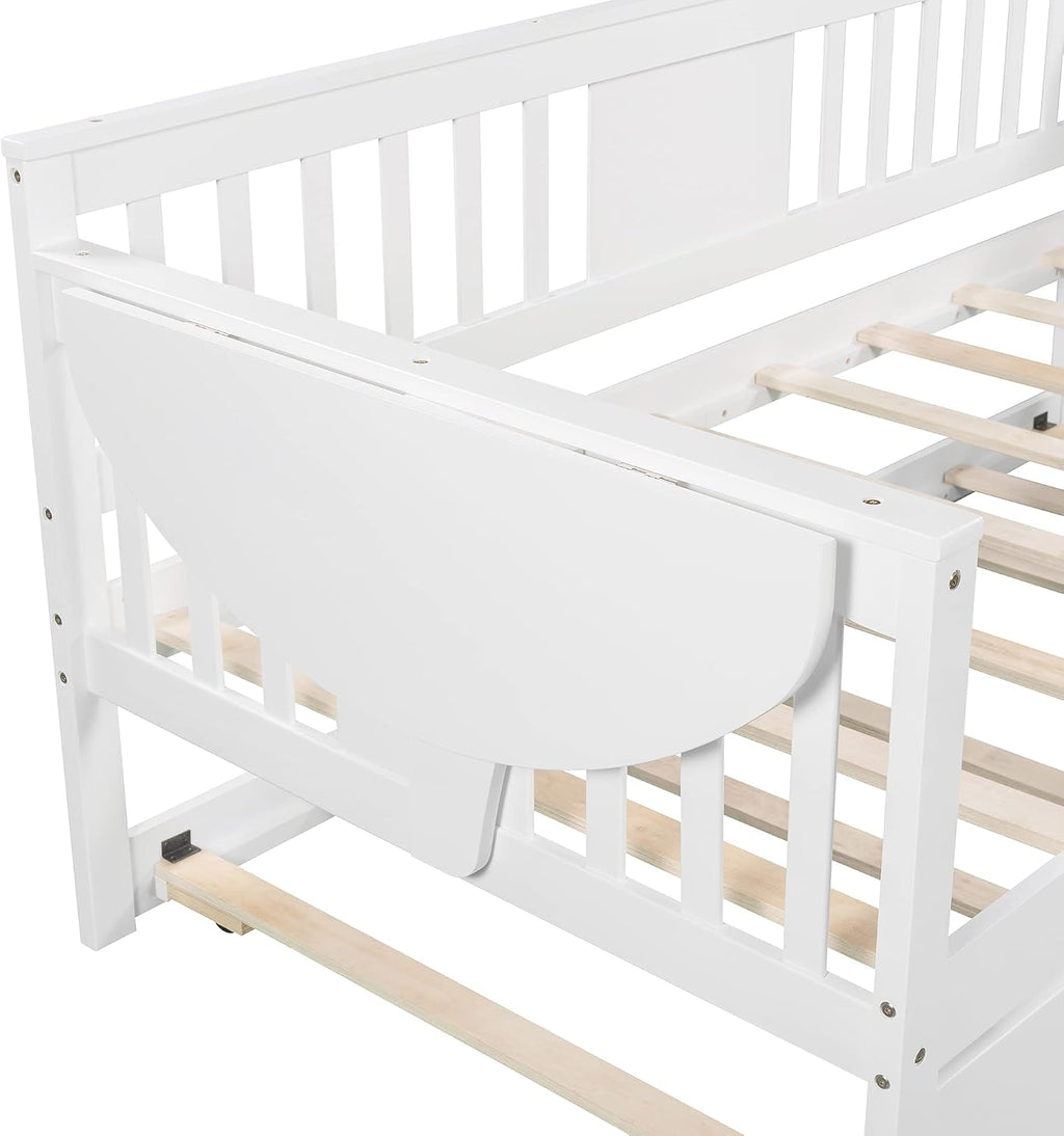 Twin Solid Wood Daybed and Trundle Frame Set with Headboard, Modern Sofa Bed with Tables/Rails for Bedroom Living Room (White+Tables)