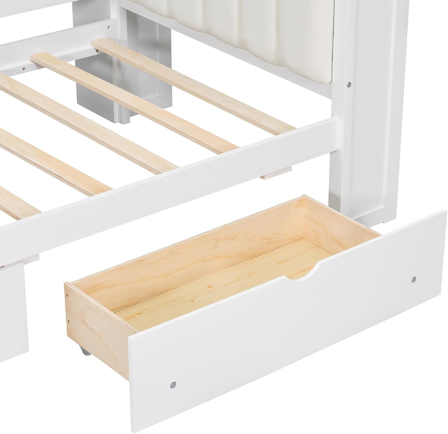 Twin Size Platform Bed with Storage Shelves and Drawers, Solid Wood Daybed with Charging Station, LED, Desk and Upholstered Headboard for Living Room Bedroom (White-JU11)