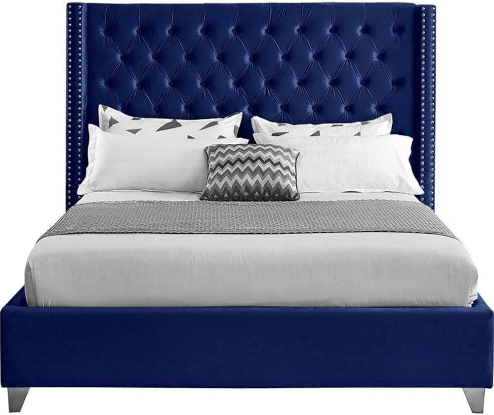 Meridian Furniture Aiden Collection Modern | Contemporary Velvet Upholstered Bed with Deep Button Tufting, Solid Wood Frame, and Custom Chrome Legs, Queen, Navy