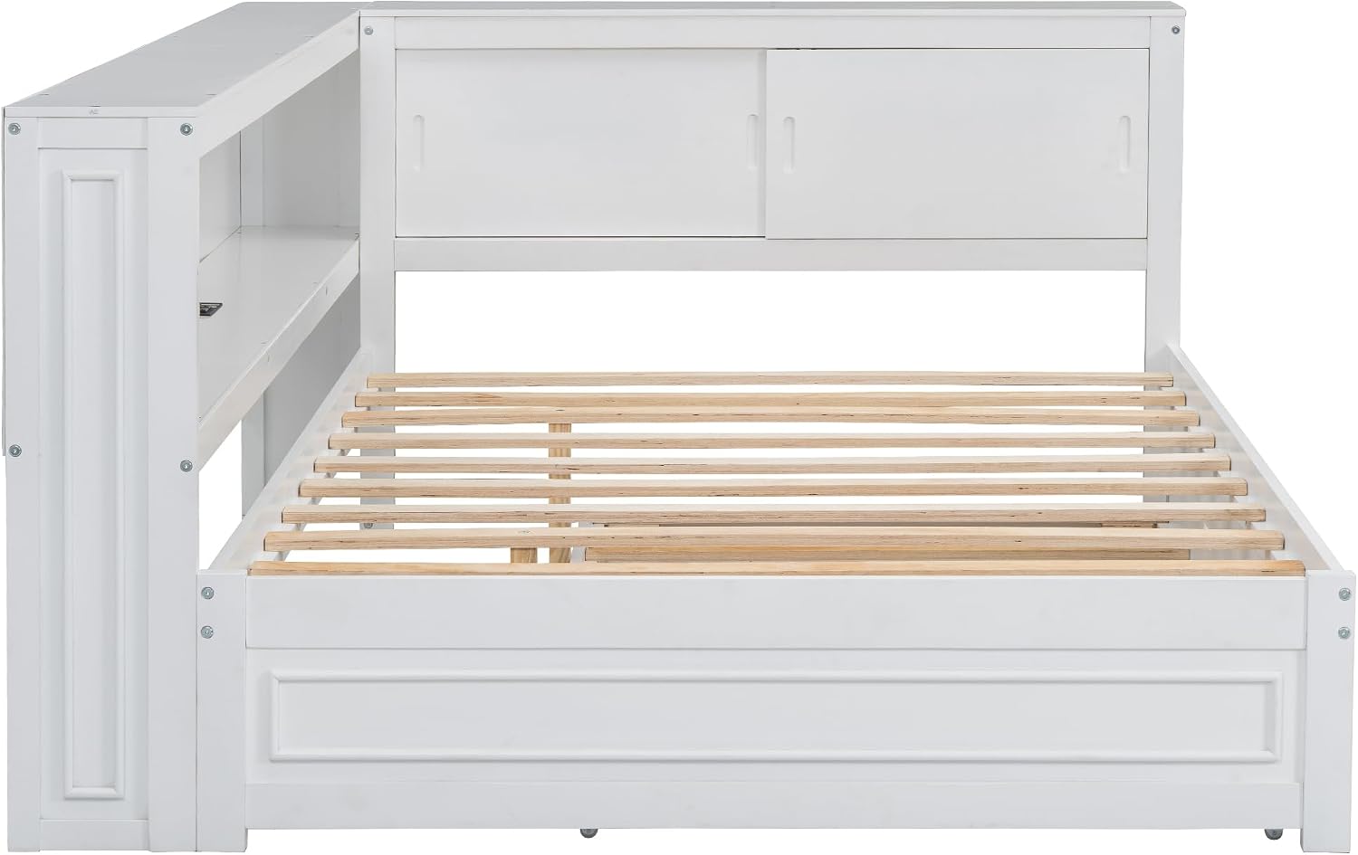 Modern Full Size Daybed with Storage Shelves and Bookcase, L Shape Corner Bed with LED Lights & USB Ports, Full Wood Daybed with Trundle for Kids Teens Adults (White-Q28)