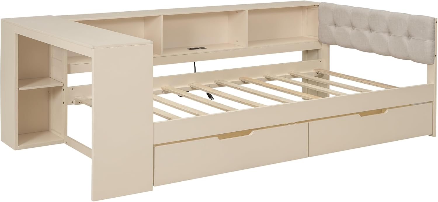 Twin Size Platform Bed with Storage Shelves and Study Desk, Wood Daybed Frame with Upholstered Headboard and 2 Drawers for Office/Living Room/Bedroom, Maximize Space