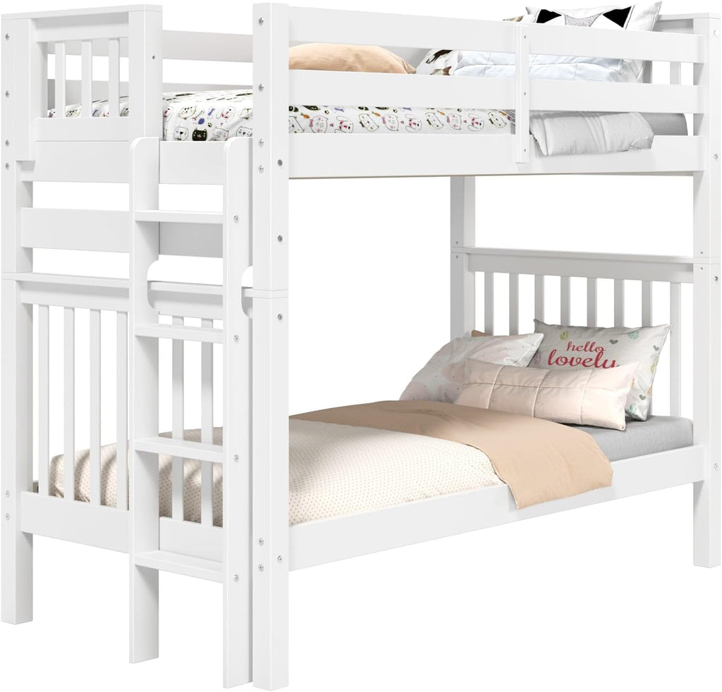 Bedz King Tall Bunk Beds Twin Over Twin Mission Style, End Ladder, White