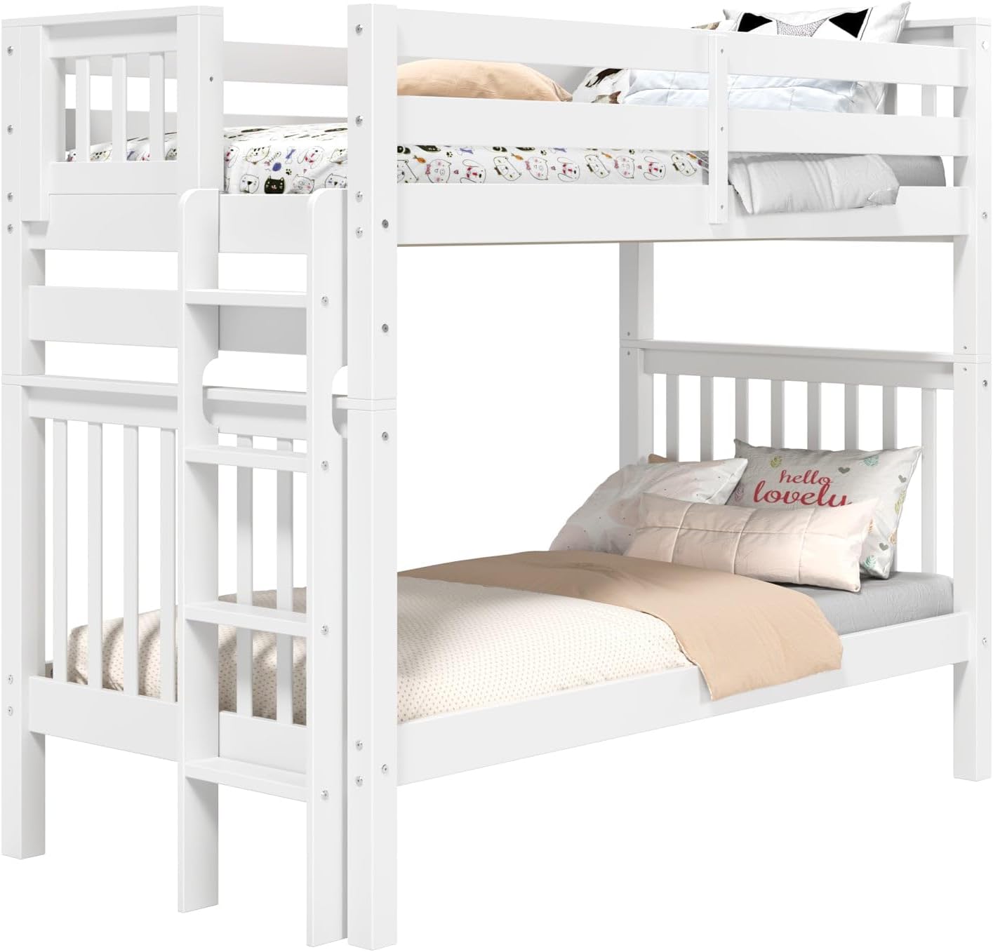 Bedz King Tall Bunk Beds Twin Over Twin Mission Style, End Ladder, White