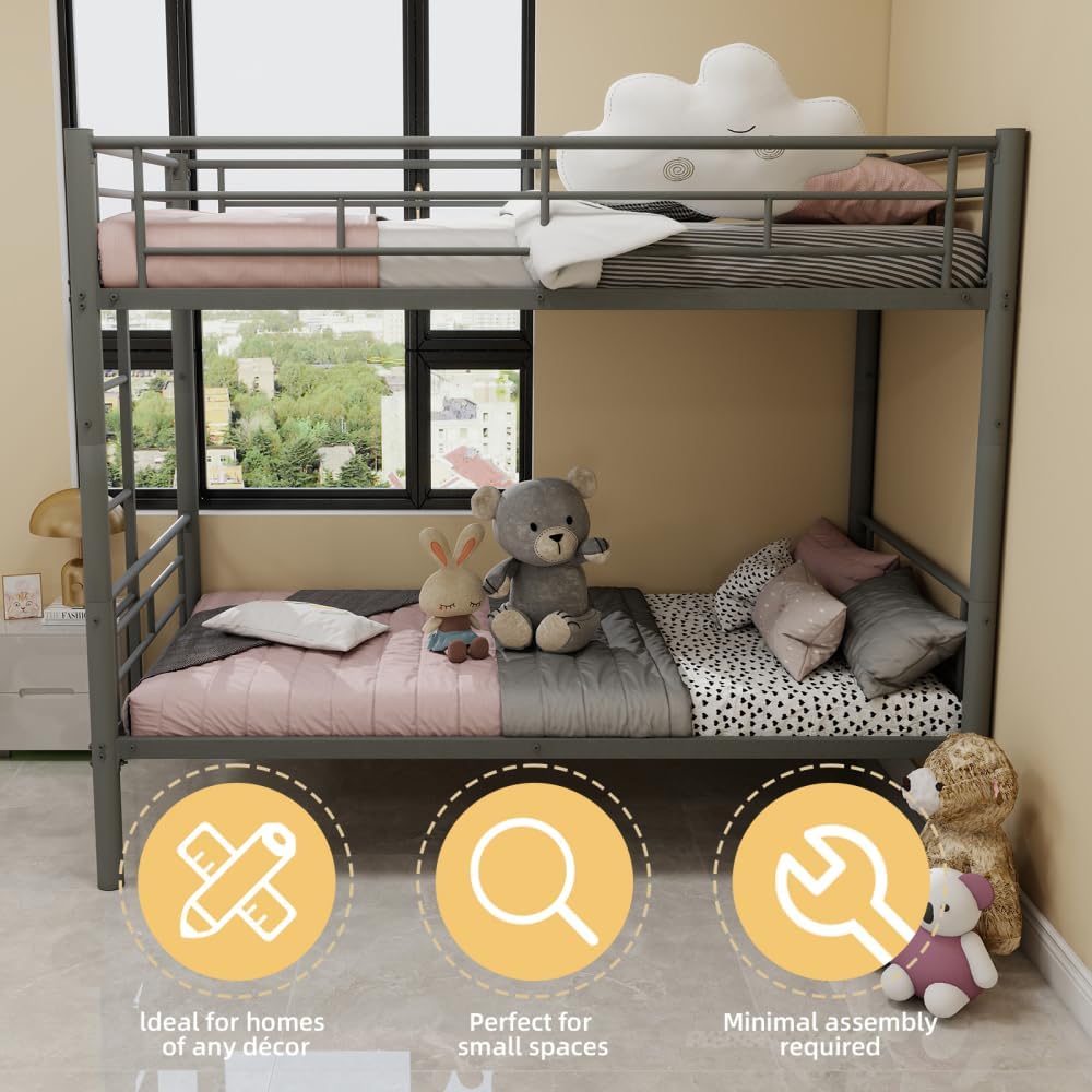 Twin Over Full Metal Bunk Bed, with Ladder & Full-Length Guardrail for Teens Adults, Noise Free (Silver + Metal + Metal)