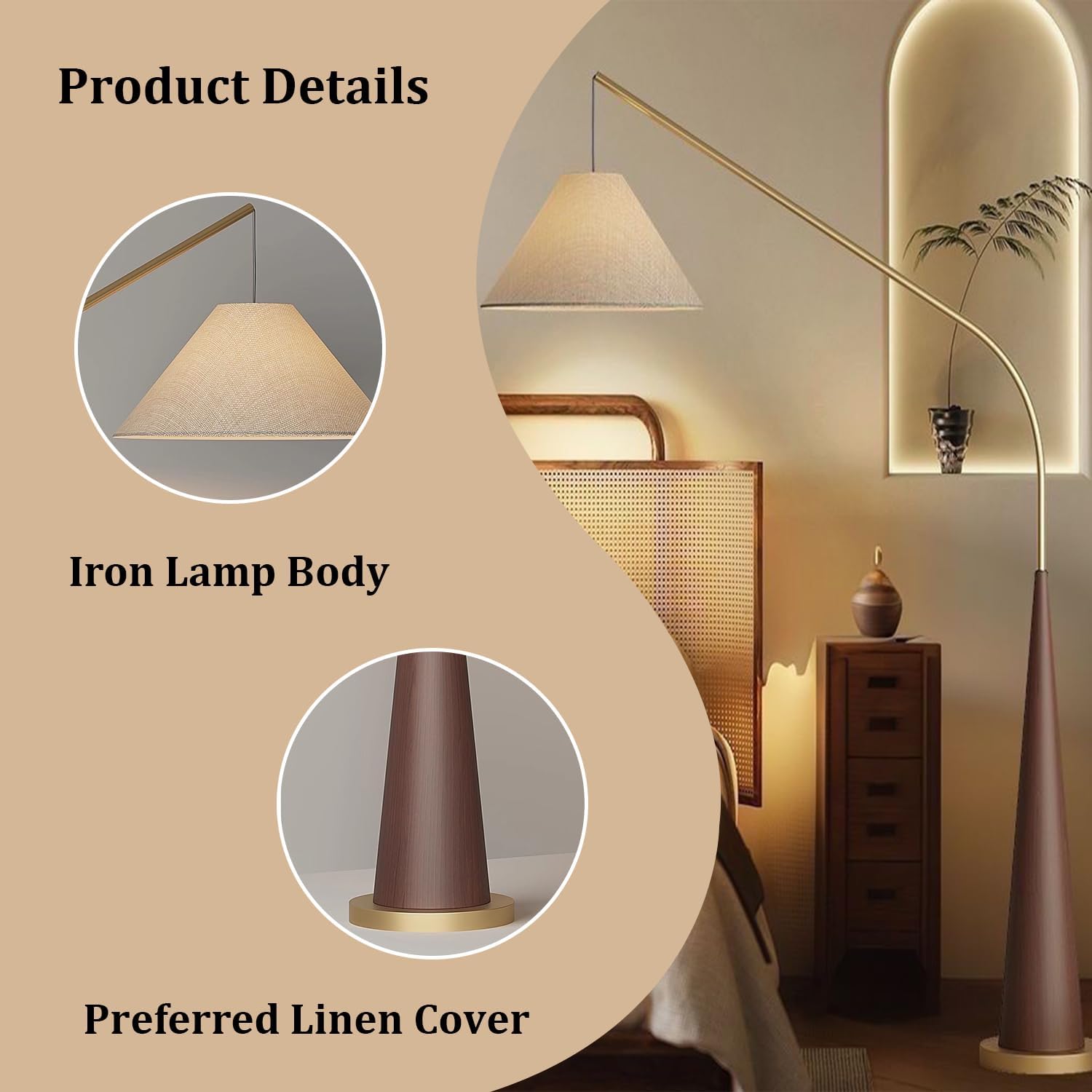 Mid Century Modern Arc Floor Lamp - Tall Standing Light with Fabric Shade for Living Room, Bedroom, Office - Stylish Arched Reading Light in Walnut Finish (Natural)