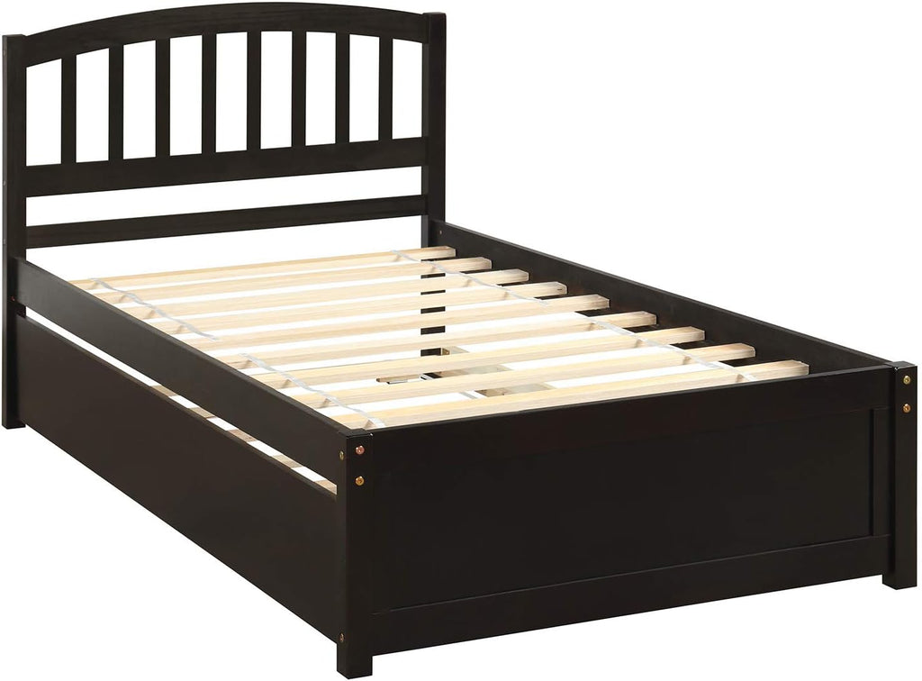 Modern Wood Platform Bed with Trundle and Headboard Classic Bed Frame No Box Spring Needed/Easy Assembly, Twin Espresso