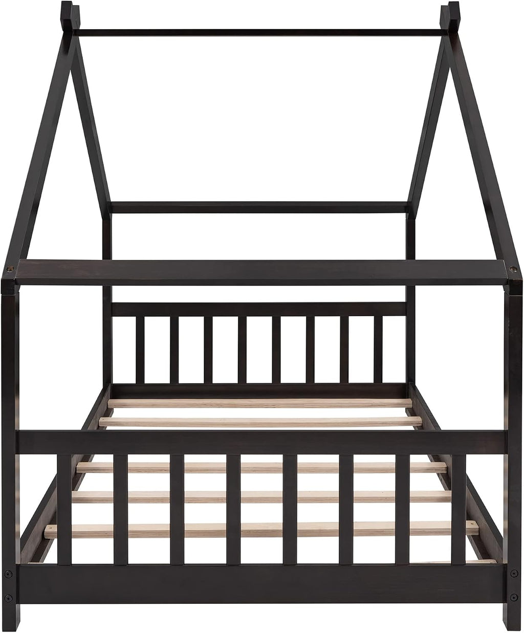 JIVOIT Twin Size Wood House Bed, Solid Wood Tent Bed Canopy Bed Frame with Roof Design, Twin Floor Bed with Wood Slats Support, No Box Spring Needed (Espresso-Twin-Pinewood)