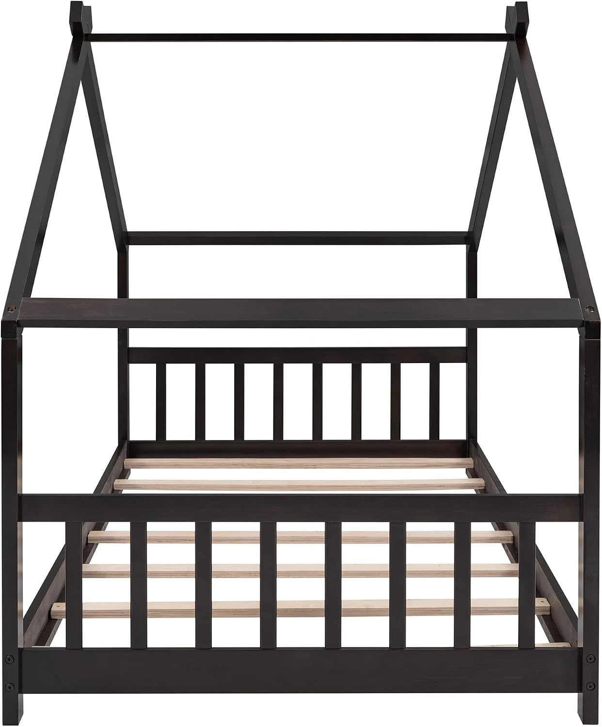 JIVOIT Twin Size Wood House Bed, Solid Wood Tent Bed Canopy Bed Frame with Roof Design, Twin Floor Bed with Wood Slats Support, No Box Spring Needed (Espresso-Twin-Pinewood)