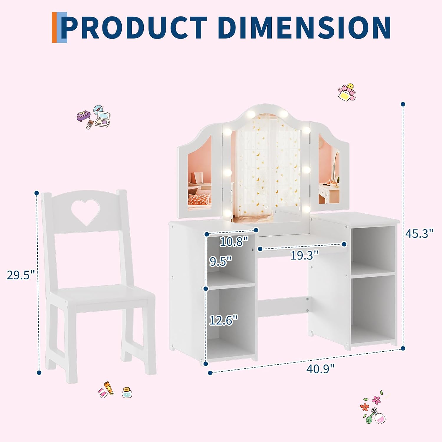 Kids Vanity Table and Chair Set, 2 in 1 Princess Vanity with Touch Light Tri-Folding Mirror, Detachable Makeup Wood Desk with Storage Shelves, Convertible Kids Desk for Girls，White