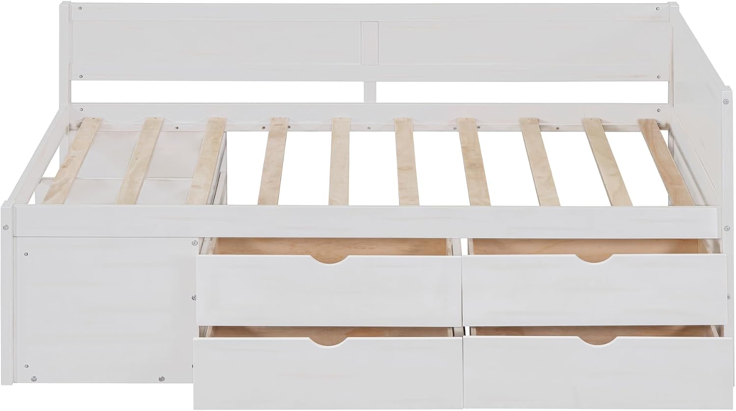 Twin Size Daybed with 4 Pull-Out Drawers and 3 Functioning Shelves,Solid Wood Day Bed Frame with Wooden Slats Support for Bedroom,No Box Spring Required (White-AB40)