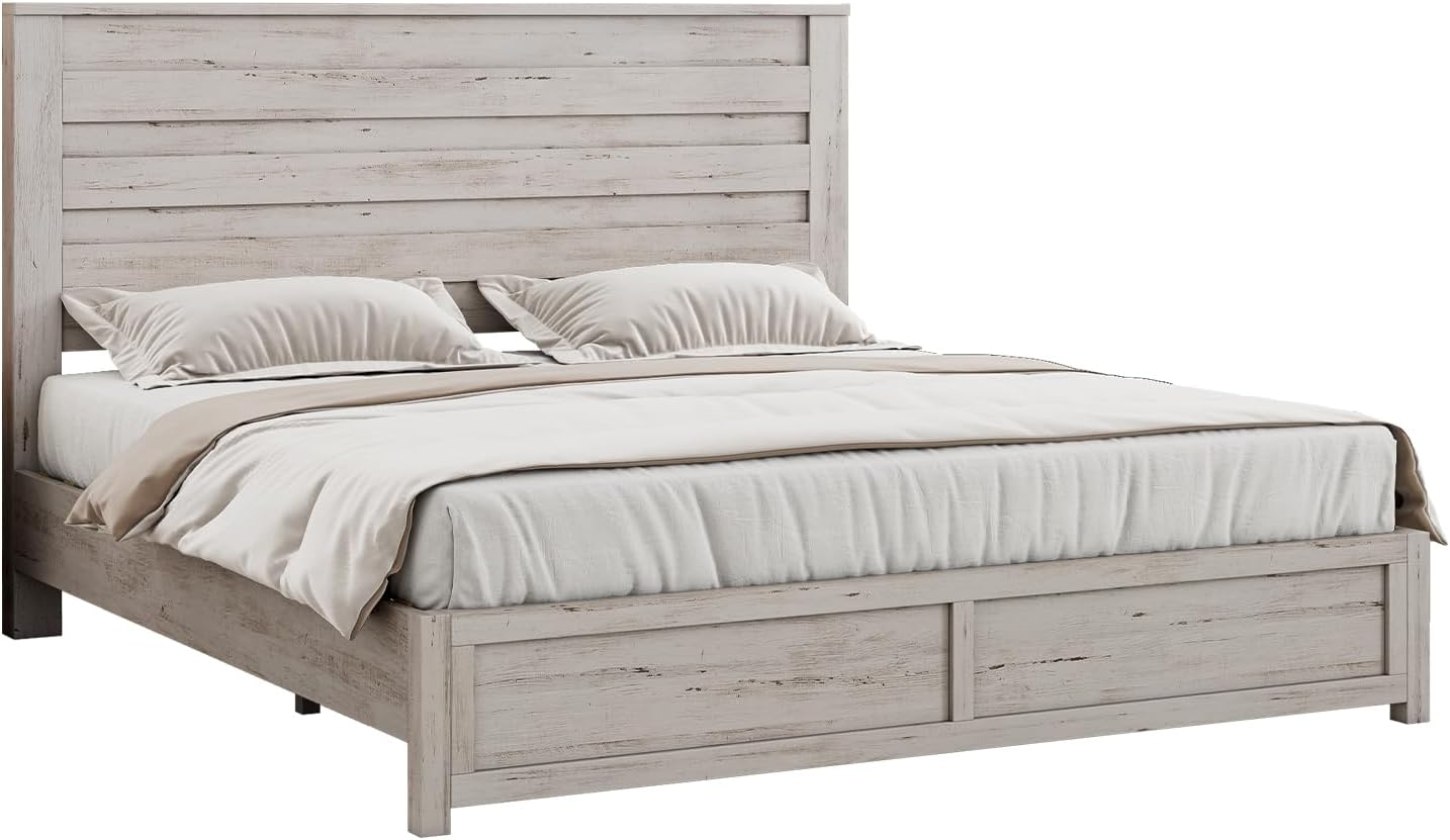 LUXOAK Farmhouse Full Bed Frame with 49' Tall Headboard, Wooden Platform Bed with Hidden Metal Bed Frame, No Box Spring Needed/Noise Free, Distressed White