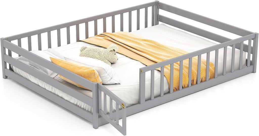 BECOMFORT Full Size Floor Bed for Kids, Kids Wood Bed Frame with Door, Latch & Safety Guardrails, Montessori Bed for Boys Girls