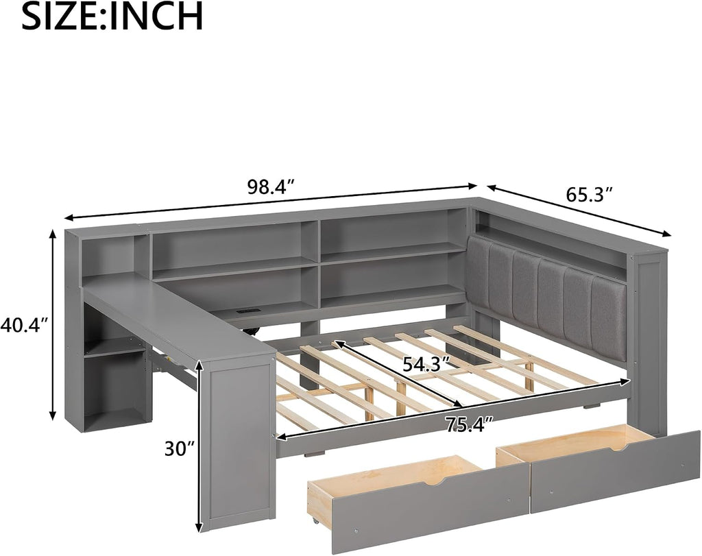 Full Size Platform Bed with Storage Shelves and Drawers, Solid Wood Daybed with Charging Station, LED, Desk and Upholstered Headboard for Living Room Bedroom (Grey-JU5)