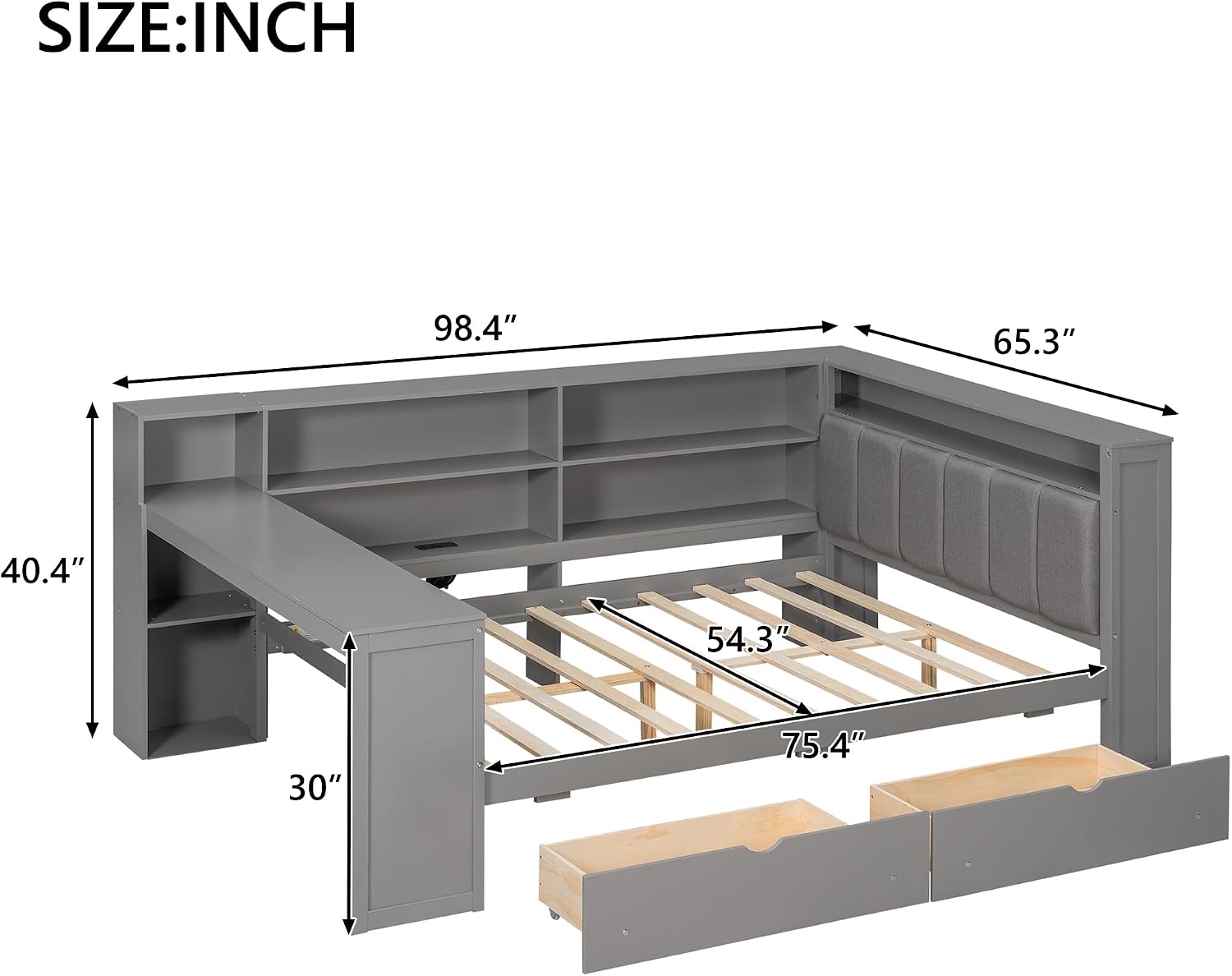 Full Size Platform Bed with Storage Shelves and Drawers, Solid Wood Daybed with Charging Station, LED, Desk and Upholstered Headboard for Living Room Bedroom (Grey-JU5)