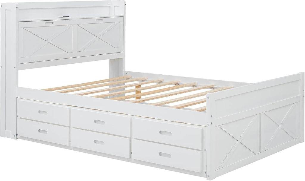 Full Size Captain Wooden Bed Frame with Storage Headboard & Outlets | Extendable Platform Bed with Twin Trundle & 3 Storage Drawers | Modern Farmhouse Bedroom Furniture Set (White, Full)