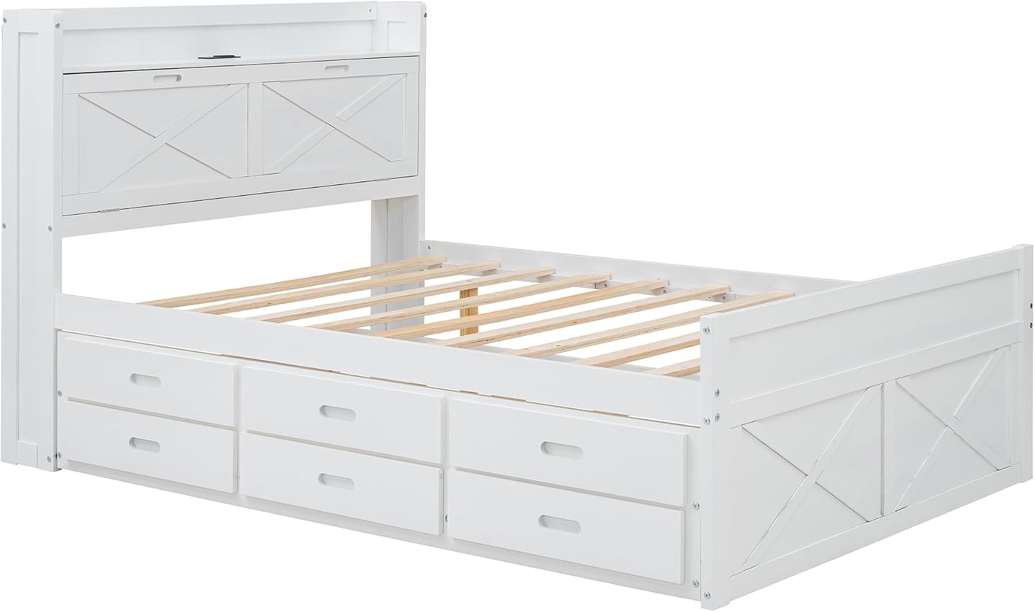Full Size Captain Wooden Bed Frame with Storage Headboard & Outlets | Extendable Platform Bed with Twin Trundle & 3 Storage Drawers | Modern Farmhouse Bedroom Furniture Set (White, Full)