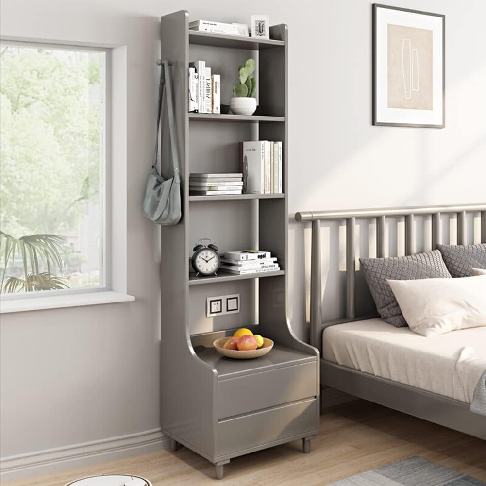 IOTXY Grey Bedside Table Bookshelf - 71' Tall Free Standing Wooden Open Shelf Bookcase with Drawers and 4-Shelves for Bedroom, Bed Side End Table, Nightstand