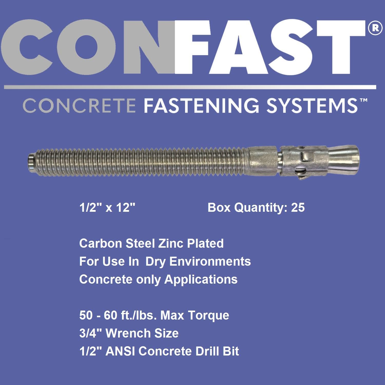 CONFAST 1/2' x 12' Wedge Anchor Zinc Plated (Box of 25)