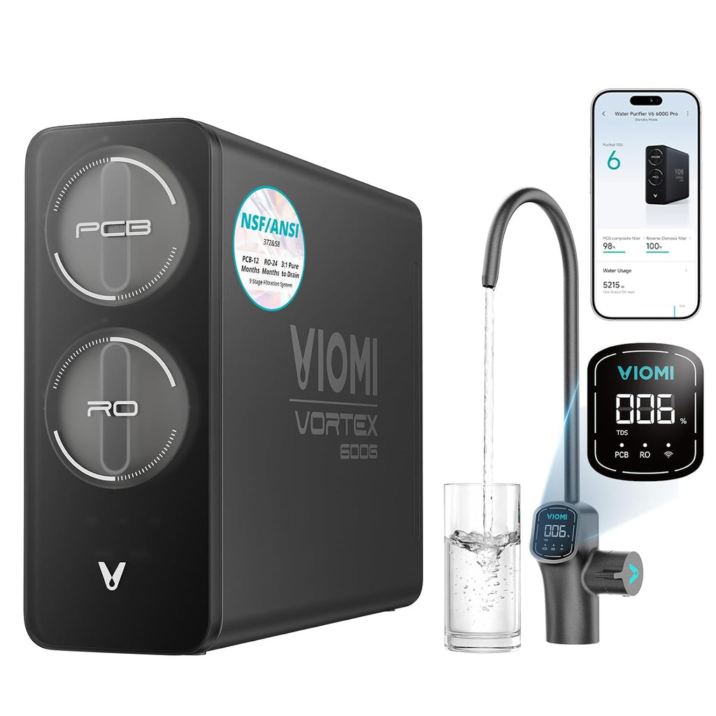 VIOMI V6 Pro Reverse Osmosis System, 600 GPD Tankless RO Water Filter System, Under Sink RO, 9-Stage Filtration, 3:1 Pure-to-Drain, Reduce TDS, NSF/ANSI 42, 53, 58, and 372 Certified, Smart LED Faucet