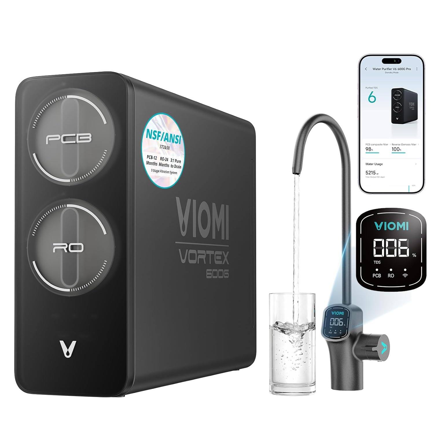 VIOMI V6 Pro Reverse Osmosis System, 600 GPD Tankless RO Water Filter System, Under Sink RO, 9-Stage Filtration, 3:1 Pure-to-Drain, Reduce TDS, NSF/ANSI 42, 53, 58, and 372 Certified, Smart LED Faucet