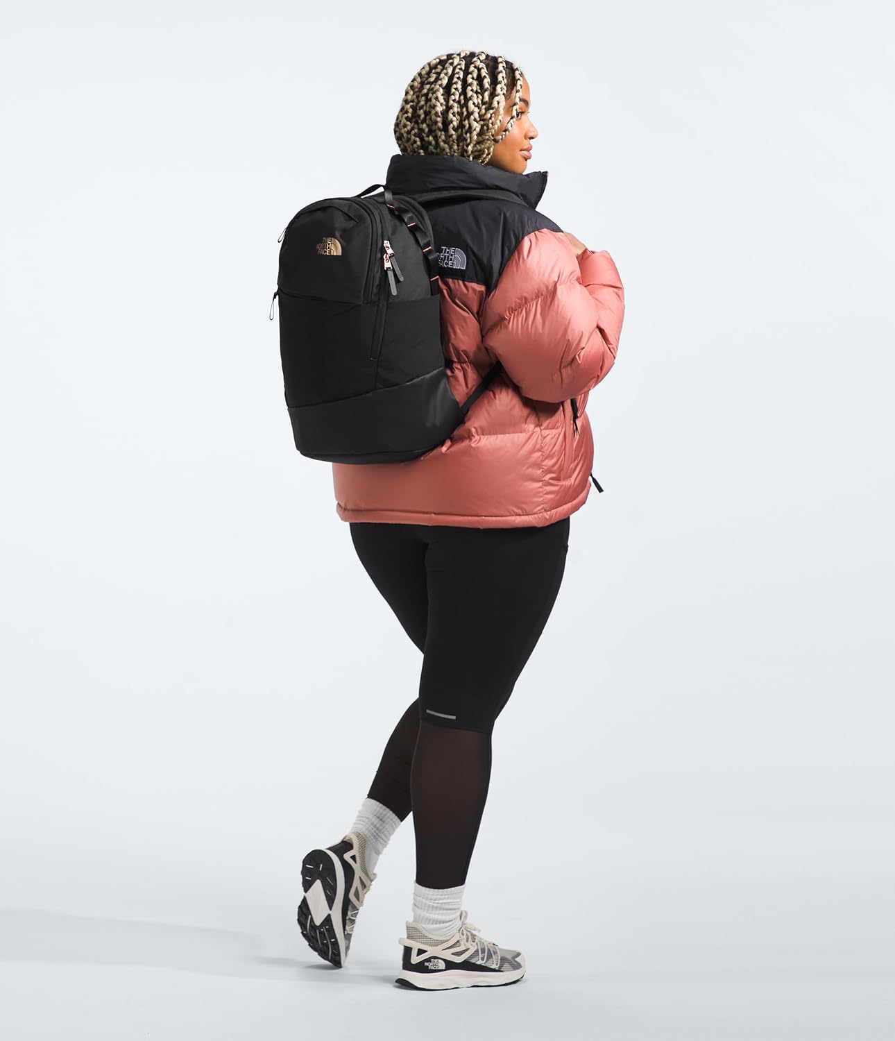 The North Face Women's Isabella Transit Backpack | Commuter Travel Bag with 16' Laptop Sleeve, Water-Repellent Finish, Women-Specific Fit, TNF Black Light Heather/Burnt Coral Metallic-NPF, One Size