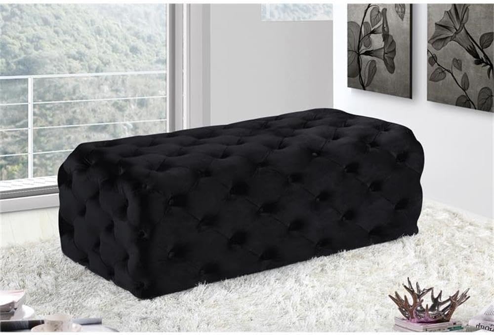 Home Square 2-Piece Set with Velvet Wing Back Queen Bed and Ottoman in Black