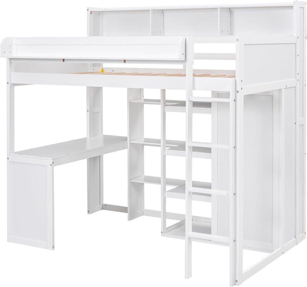 Wood Twin Size Loft Bed with Multiple Built-in Desk,Storage Shelves and Wardrobe,for Kids Boys Girls Teens Adults Bedroom (White@Cabinet, Twin)