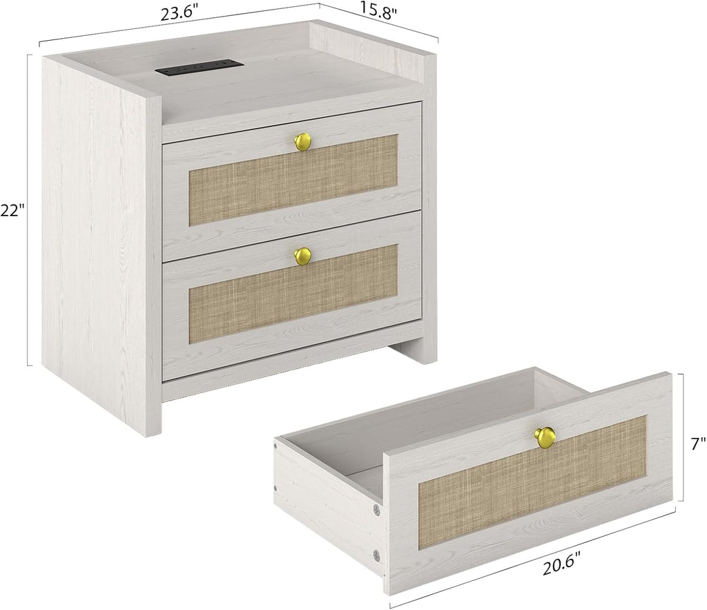 LubanNese 23.6' Nightstand Set of 2, Boho Wooden Bedside Table with Charging Station for Bedroom, Farmhouse Rustic Large Wide Night Stands with 2 Soft Close Drawers, Beige Ash
