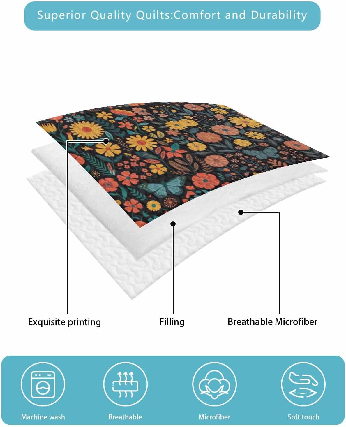 Quilt King Size Bedding Set, Boho Black Flowers Lightweight Summer Quilt 3 Pieces Bedding Sets, Spring Abstract Watercolor Floral Leaf Reversible Soft Bedspreads Coverlets with 2 Pillow Shams