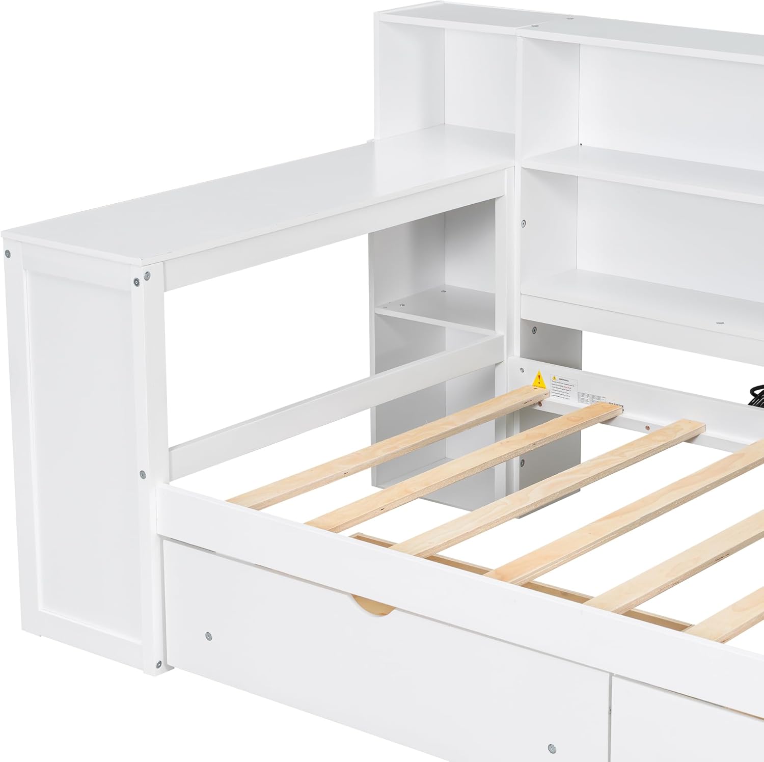 Twin Size Platform Bed with Storage Shelves and Drawers, Solid Wood Daybed with Charging Station, LED, Desk and Upholstered Headboard for Living Room Bedroom (White-JU11)
