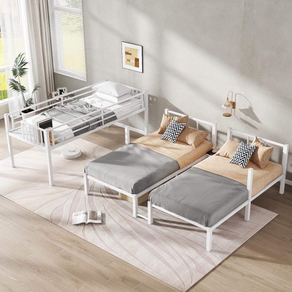 Twin Over Twin & Queen Bunk Bed, with Safety Guardrails,Space-Saving/Noise Reduced,Black (White + Metal)