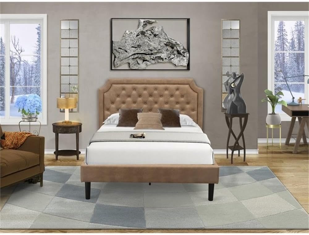 East West Furniture GB28F-1HI07 2-Piece Granbury Bedroom Furniture Set with Button Tufted Full Size Bed and a Distressed Jacobean Small End Table - Brown faux Leather with Brown Texture and Black Legs
