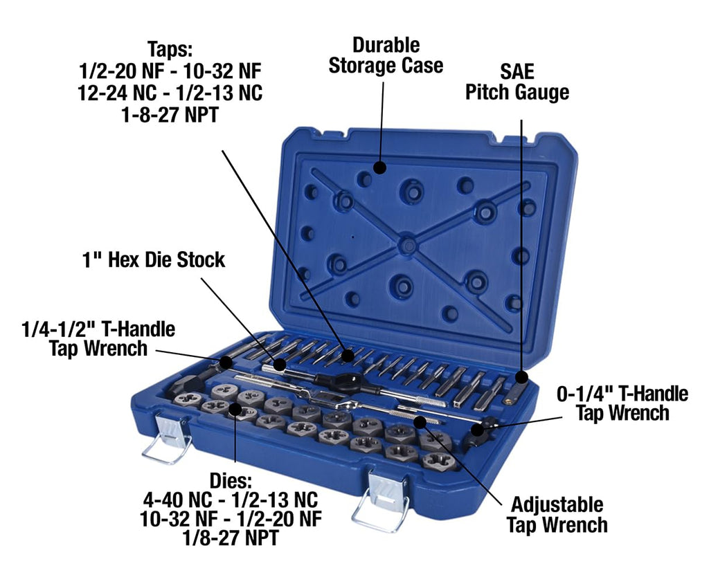 Century Drill & Tool 98900 Fractional Tap and Die Set, 40-Piece, Steel