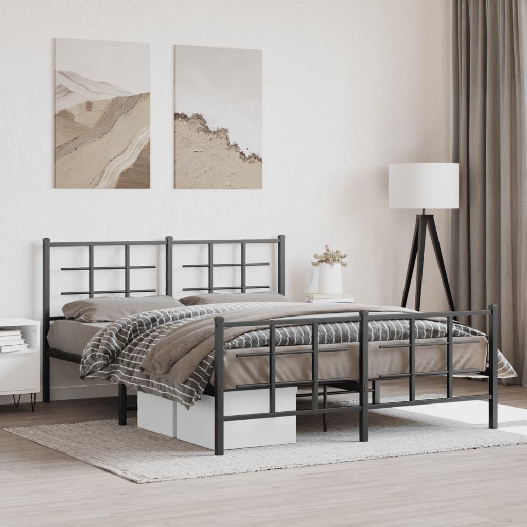 Metal Bed Frame Queen Size with Footboard Black 59.1x78.7 Inches Sturdy Steel Platform Bed Frame with Underbed Storage Space for Bedroom