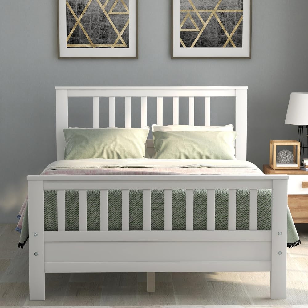 Sturdy Wooden Platform Bed Frame with Integrated Headboard and Footboard for Supportive, Minimalist Bedroom Setup (White + Pine + Full)