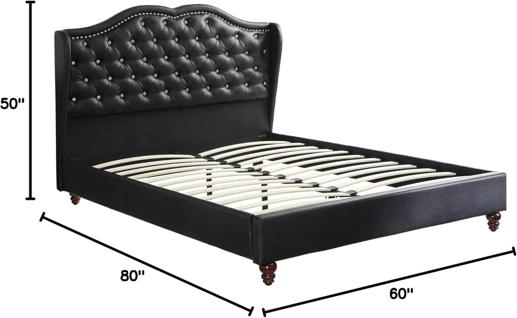 Queen Bed Frame Platform | Queen Size Bed 1Pc Bed Set Black Faux Leather Upholstered Wingback Design Bed Frame Headboard Bedroom Furniture Tufted Upholstered