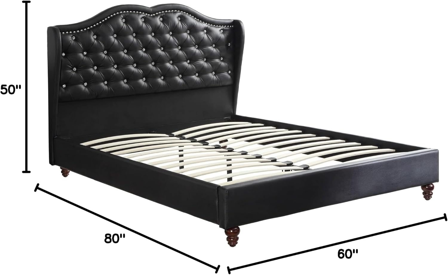 Queen Bed Frame Platform | Queen Size Bed 1Pc Bed Set Black Faux Leather Upholstered Wingback Design Bed Frame Headboard Bedroom Furniture Tufted Upholstered