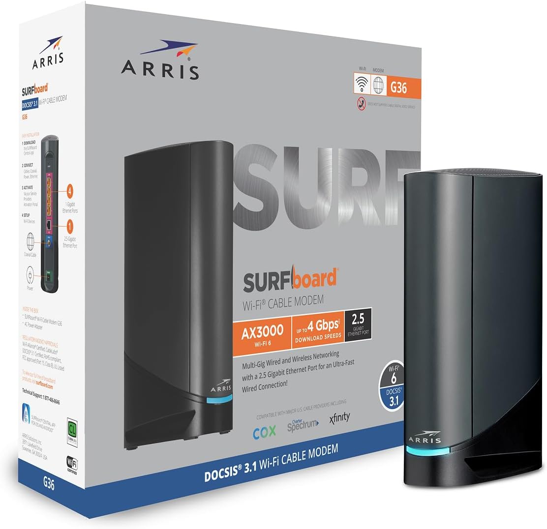 Arris (G36-RB) - Cable Modem Router Combo - Fast DOCSIS 3.1 Multi-Gigabit WiFi 6 (AX3000), Approved for Comcast Xfinity, Cox, Spectrum & More, 1.2 Gbps Max Speeds - Renewed