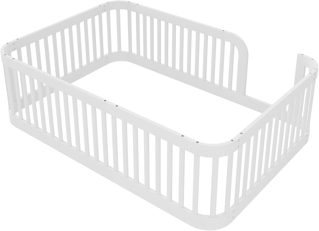 Full Size Wood Floor Bed with Fence, Playful Design Montessori Floor Bed with Guardrail, Without Slats, Easy Assembly (White//Full,124)