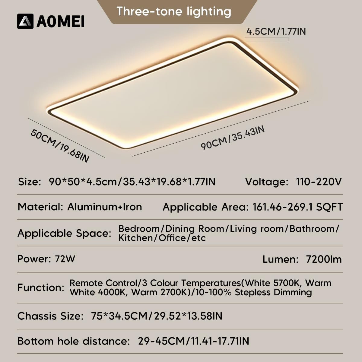 AOMEI 35' Rectangular 3CCT Dimmable Ceiling Light - 72W 3000K/4000K/6000K Adjustable Edge-lit Recessed Fixture for Living Room & Master Bedroom (Black)