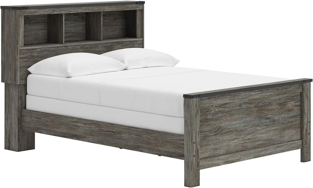 Signature Design by Ashley Frandern Rustic Bookcase Panel Bed with Nailhead Accents, Foundation or Box Spring Needed, Full, Gray