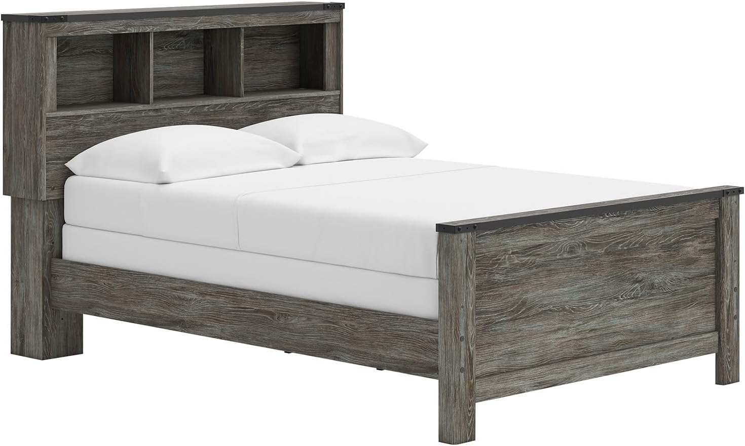 Signature Design by Ashley Frandern Rustic Bookcase Panel Bed with Nailhead Accents, Foundation or Box Spring Needed, Full, Gray