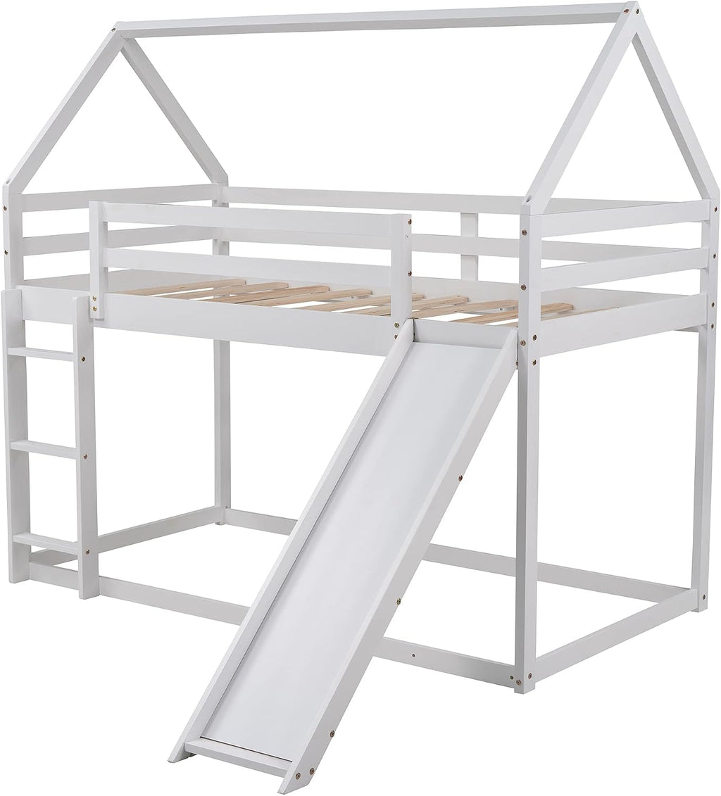 Bunk Bed for Kids Toddlers, Twin Over Twin House Shape Bunk Beds Frame with Slide, Can be Decorated Tent, Boys Girls Bedroom Dormitory Furniture (White-House Shape)